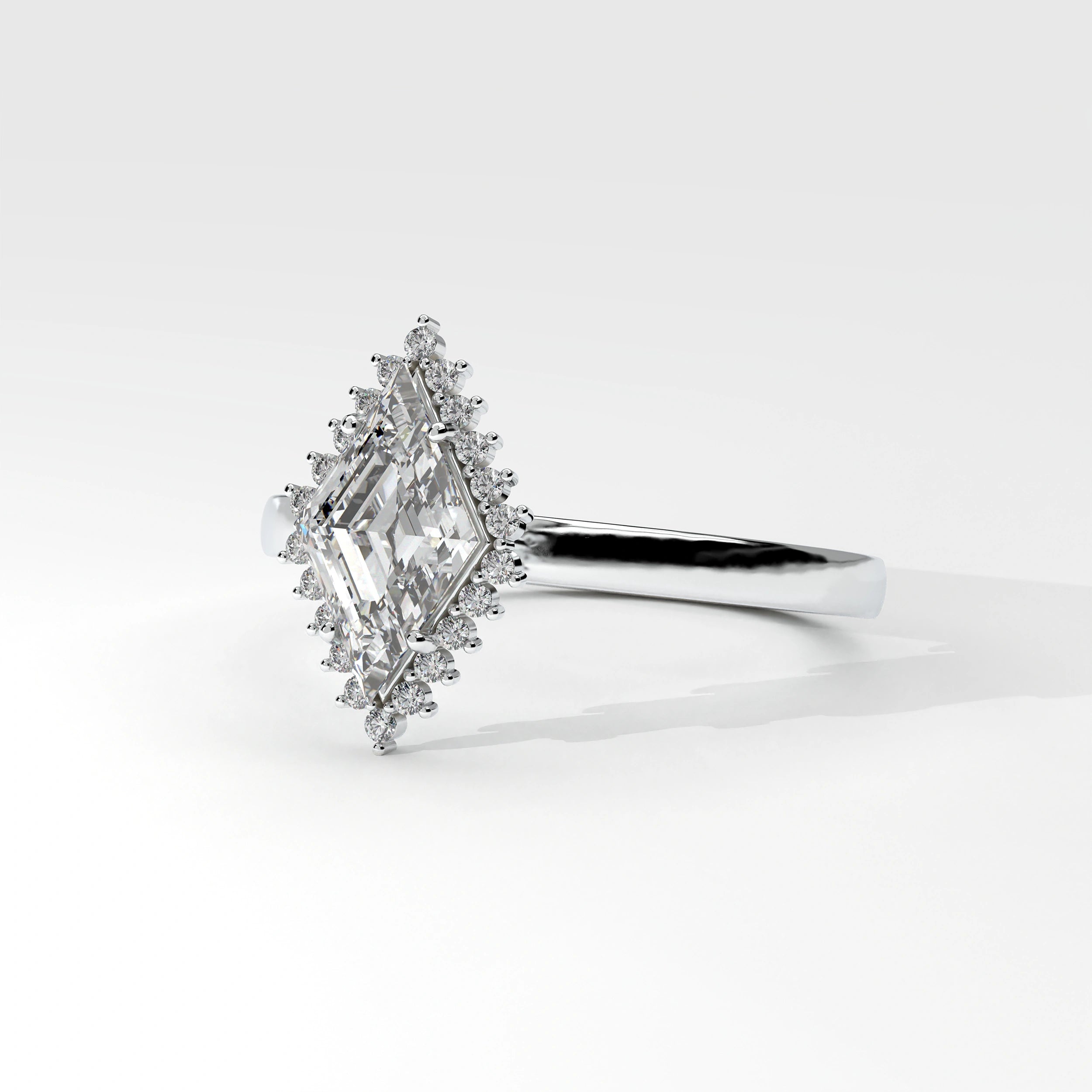 Side View Of 0.61 carat Lozenge Shape Halo Diamond Ring with Vintage Cluster Frame
