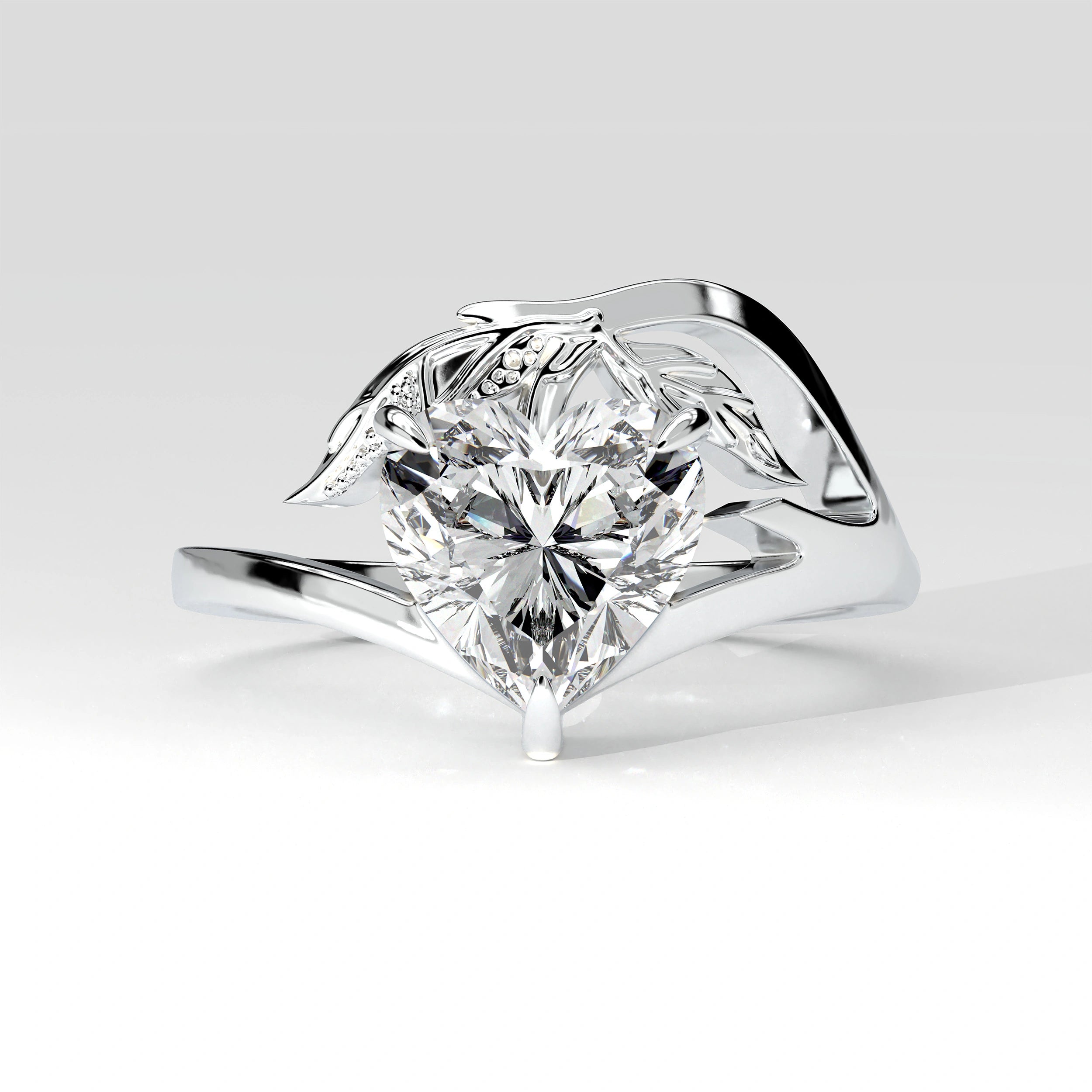 Front View Of 2ct Heart Shape Lab Grown Diamond Ring with Nature Inspired Leaf Design