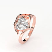 Angled View Of 2ct Heart Shape Lab Grown Diamond Ring with Nature Inspired Leaf Design