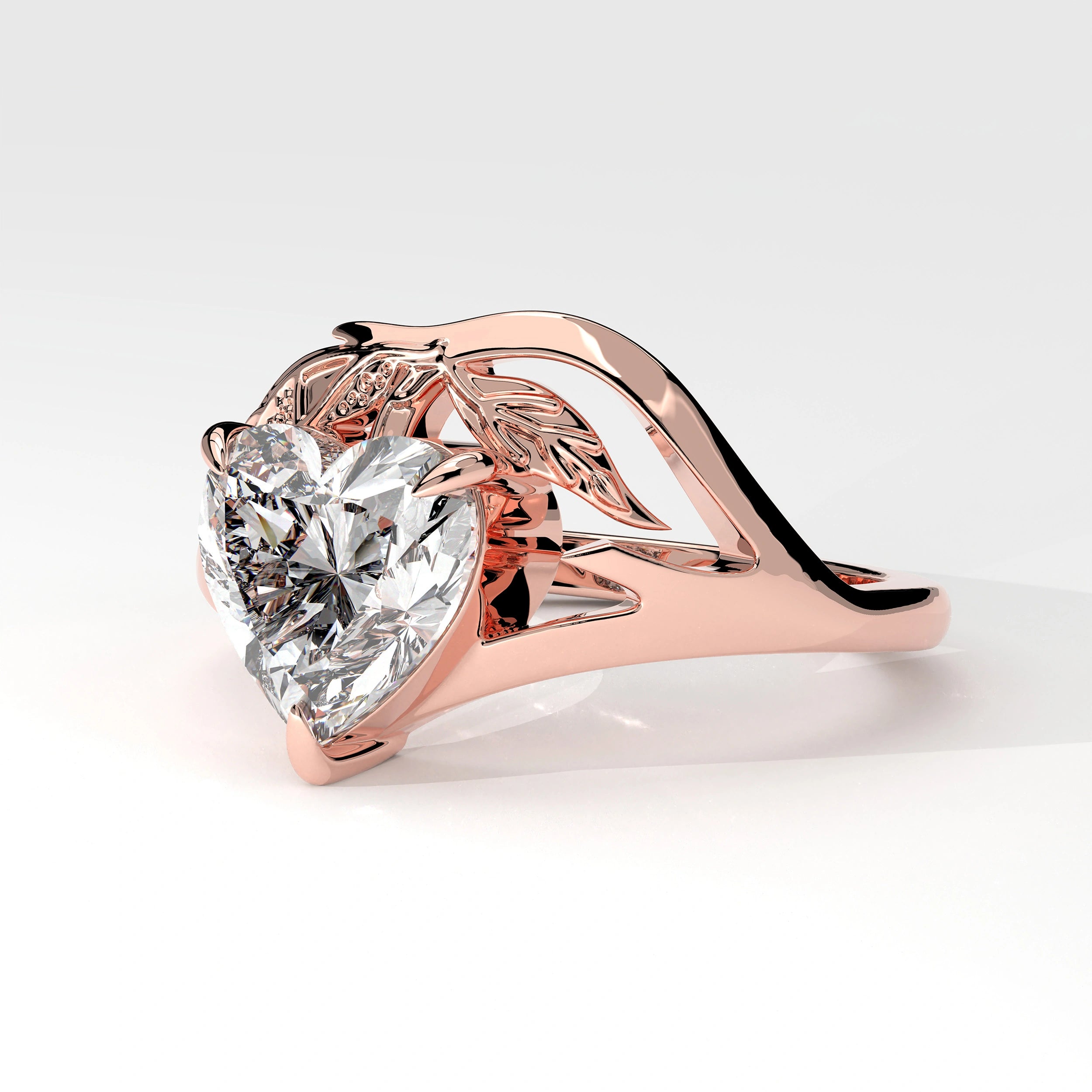 Side View Of 2ct Heart Shape Lab Grown Diamond Ring with Nature Inspired Leaf Design