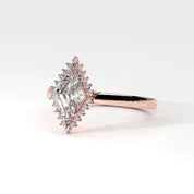 Side View Of 0.61 carat Lozenge Shape Halo Diamond Ring with Vintage Cluster Frame
