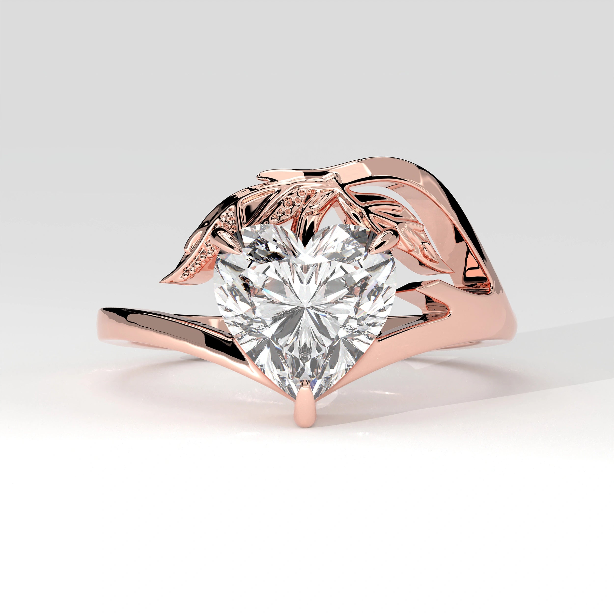 Front View Of 2ct Heart Shape Lab Grown Diamond Ring with Nature Inspired Leaf Design