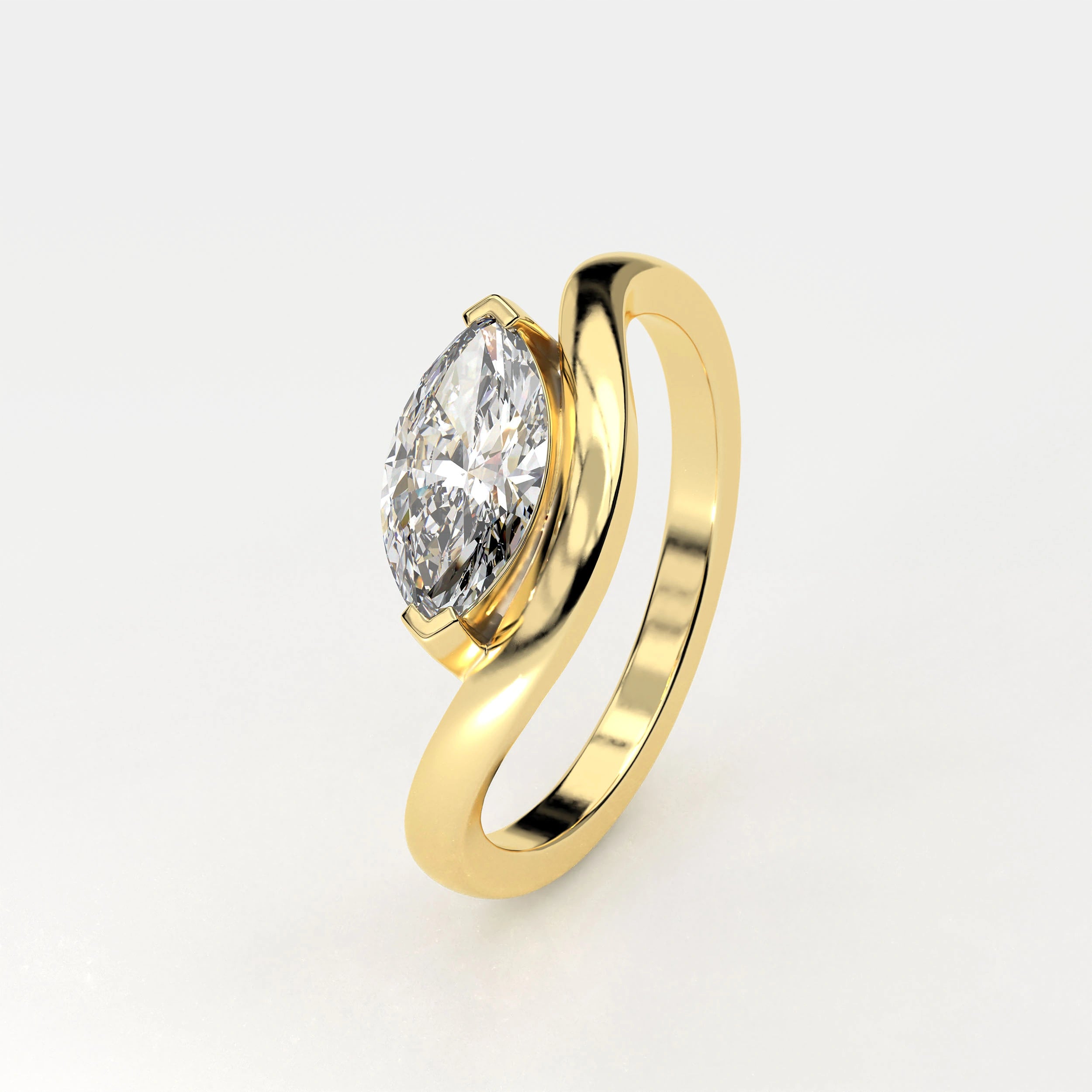Angled View Of 1 Ct Marquise Cut Diamond Solitaire Ring with Curved Band Design