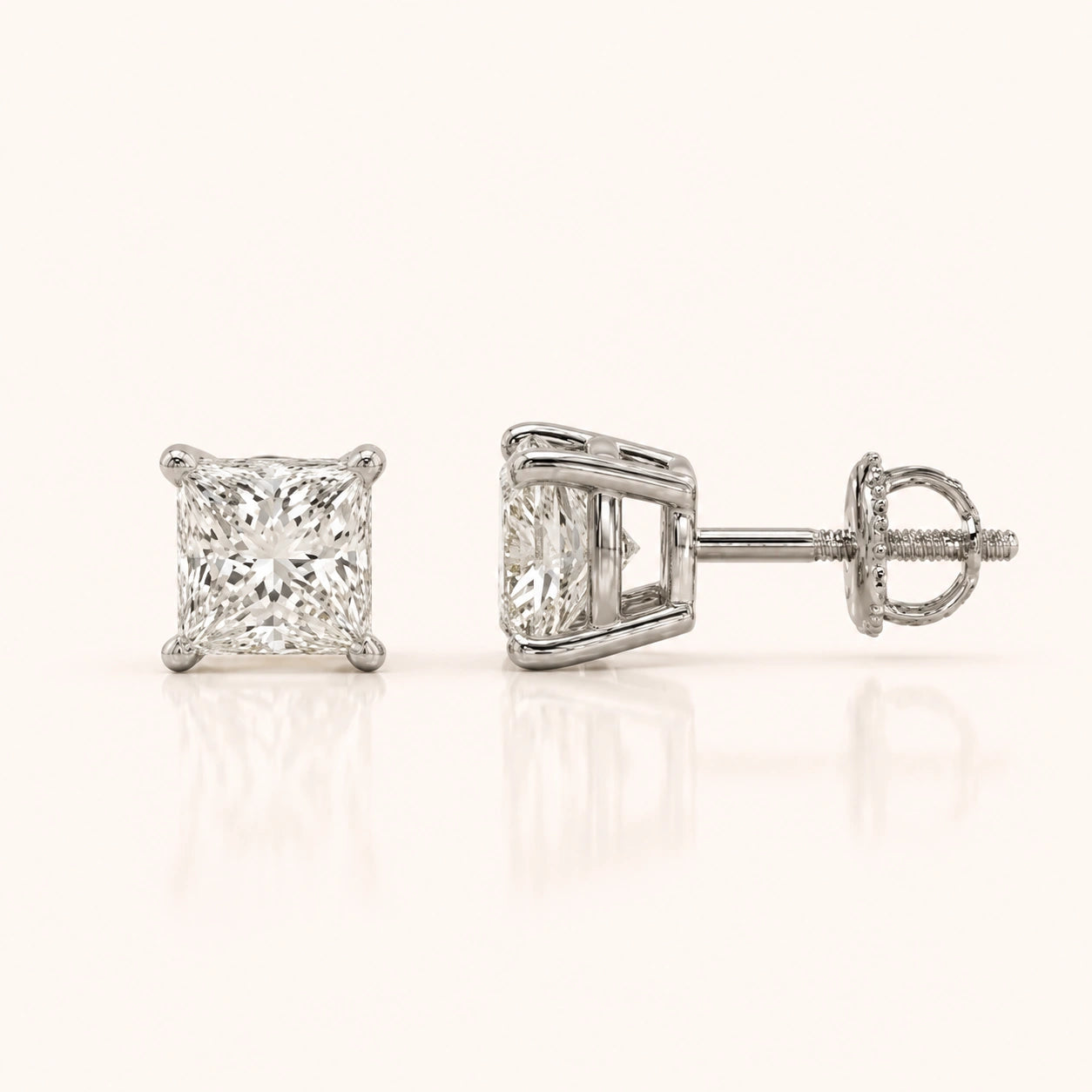 Luxury Princess Diamond Stud Earrings by Size & Setting