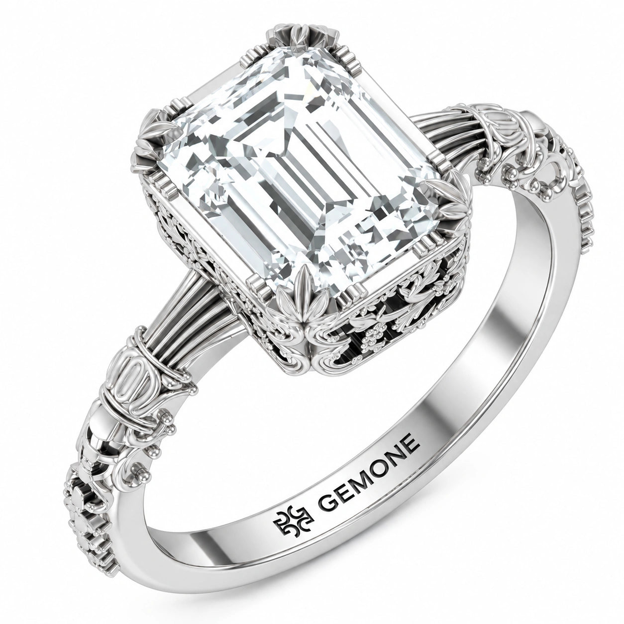 Angled View of 2.5 Ct Emerald Cut Diamond Solitaire Engagement Ring with 4-Prong Setting