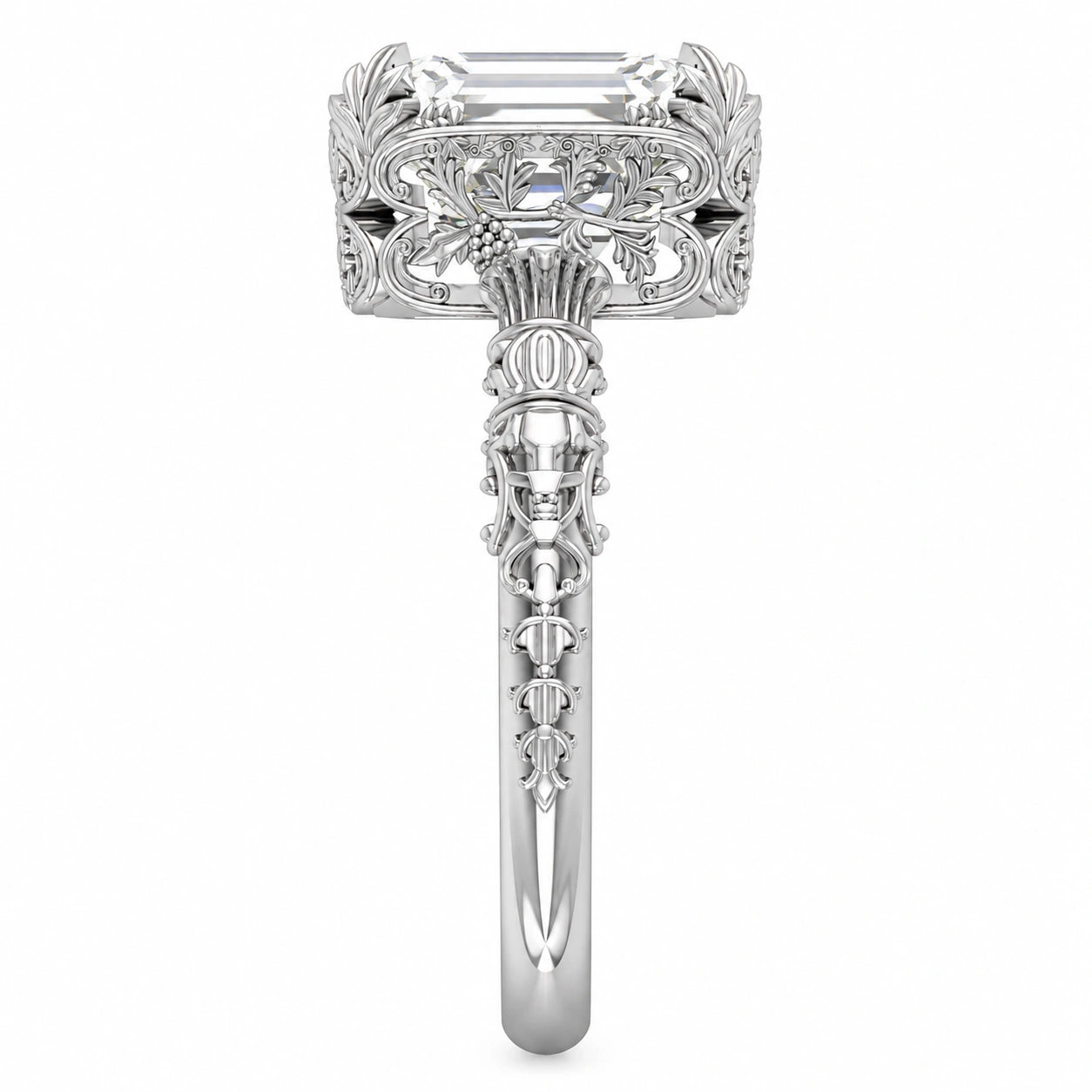 Side View Of 2.5 Ct Emerald Cut Diamond Solitaire Engagement Ring with 4-Prong Setting