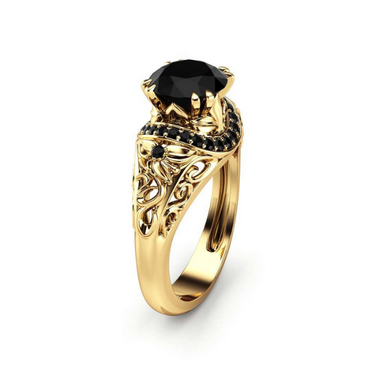 Attractive 2.5 Carat Black Diamond Art Deco Yellow Gold Ring