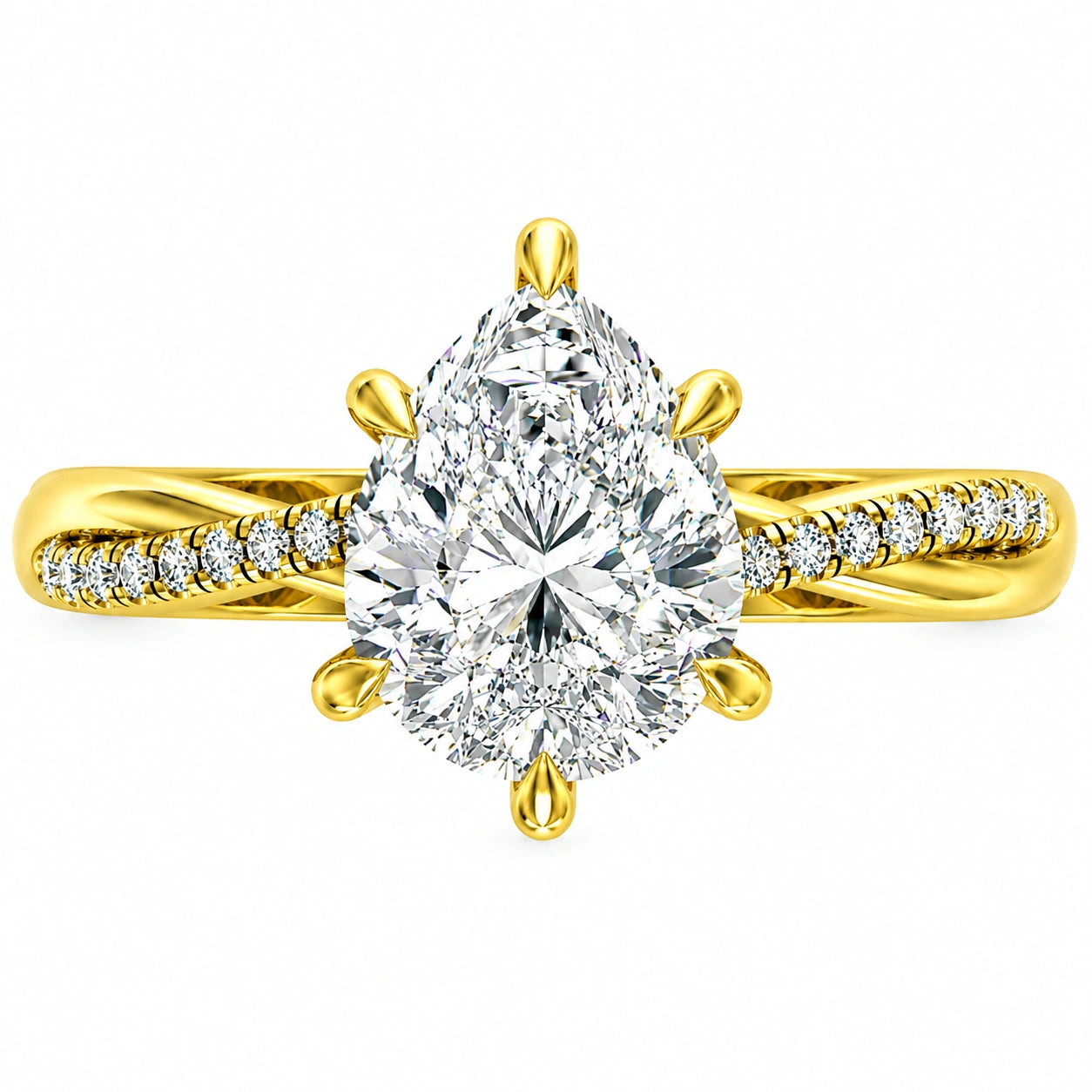 Front View Of 1.72 Ct Pear Cut Diamond Engagement Ring in Pavé Infinity Twist Setting