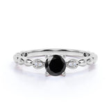 1 Ct Round Shaped 5 Stone Prong Setting Black And White Diamond Ring In Leaf Design 