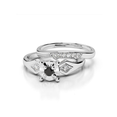 0.20 Ct Round Cut Black Diamond Prong Setting Bridal Set Ring