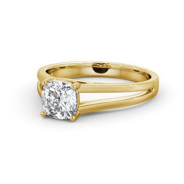 1 Carat Cushion Cut Lab Diamond 4 Prong Setting Split Shank Solitaire Ring In Yellow Gold 
