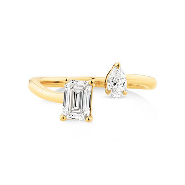 1.50 Ct Emerald and Pear Cut Prong Setting Moissanite Toi et Moi Ring in Yellow Gold