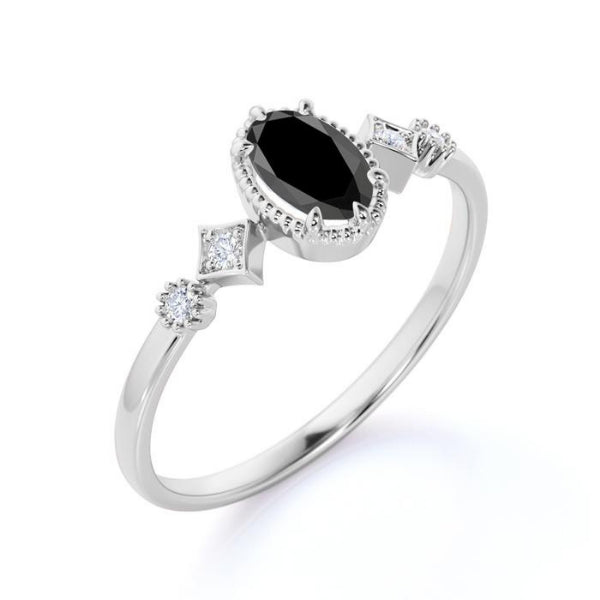 2 Ct Oval Face Shape And Round 5 Stone Black And White Diamond Ring Black Diamond Engagement Ring