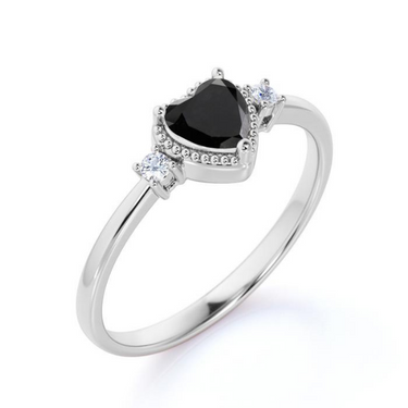 2 Ct Heart Shape 3 Stone Prong Setting Black and White Diamond Rong In White Gold 