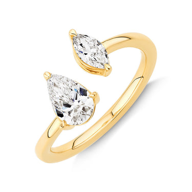 1.20 Ct Marquise and Pear Cut Prong Setting Lab Diamond Toi Et Moi Ring in Yellow Gold