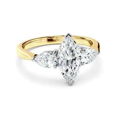 2 Ct Marquise And Pear Cut Prong Setting Lab Diamond Three Stone Ring In Yellow Gold