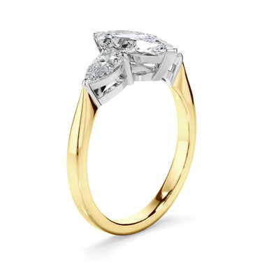 2 Ct Marquise And Pear Cut Prong Setting Lab Diamond Three Stone Ring in Yellow Gold