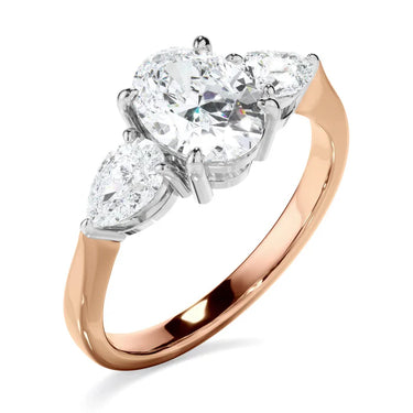 2 Carat Oval And Pear Cut Prong Setting Lab Diamond Three Stone Ring in Rose Gold