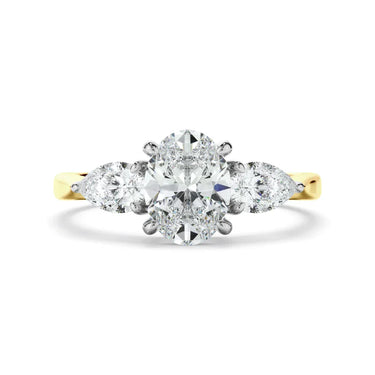2 Carat Oval And Pear Cut Prong Setting Lab Diamond Three Stone Ring in Yellow Gold