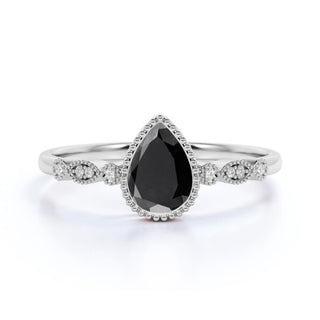 2.5 Carat Pear Shaped Bezel Setting Milgrain Black And White Diamond Ring