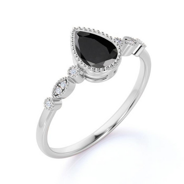 2.5 Carat Pear Shaped Bezel Setting Milgrain Black And White Diamond Ring