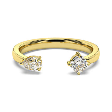 0.80 Carat Pear and Cushion Cut Prong Setting Moissanite Toi Et Moi Ring In Yellow Gold