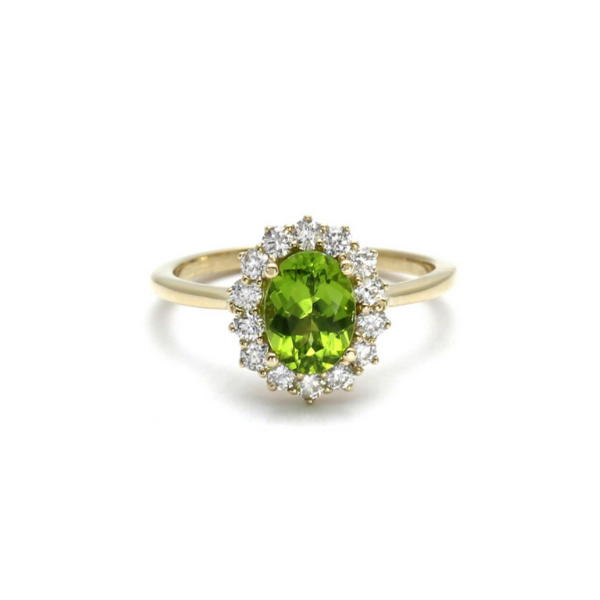 4.28 Carat Oval Shape Halo Prong Setting Peridot Gemstone Ring