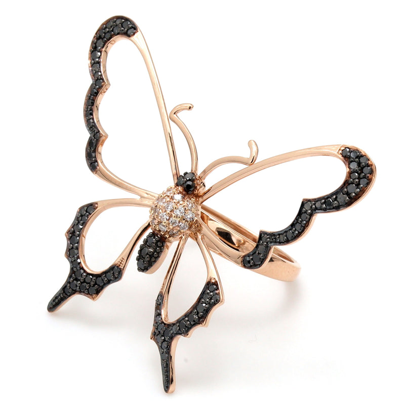 0.80 Carat Round Cut Butterfly Black And White Diamond Ring 18K Rose Gold Black Diamond Engagement Ring
