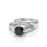 1.42 Ct Round Cut Prong Setting Black And White Diamond Ring Set