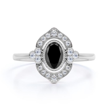 1.50 Carat Oval and round Cut Vintage Halo Bezel Setting Black and White Diamond Ring