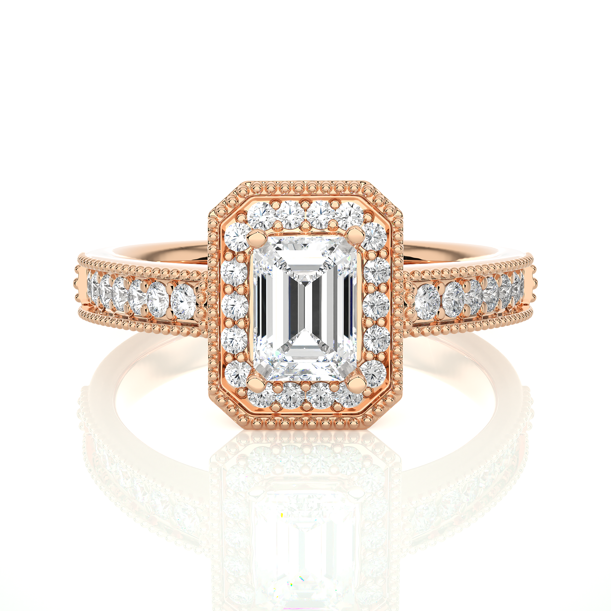 1.05 Carat Emerald Cut Prong Setting Halo Diamond Engagement Ring In Yellow Gold Rose